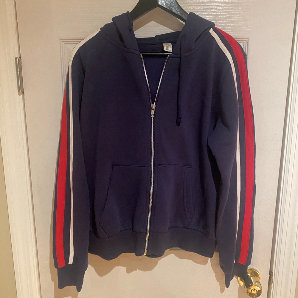 H&M Navy Hoodie with Red and White Sleeve Stripes